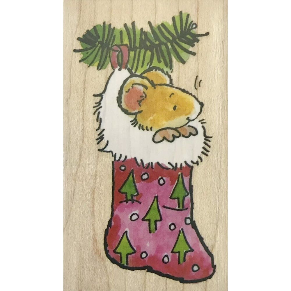 Penny Black Christmas Mouse in a Stocking Red Rubber Wood Stamp HTF Retired Pine